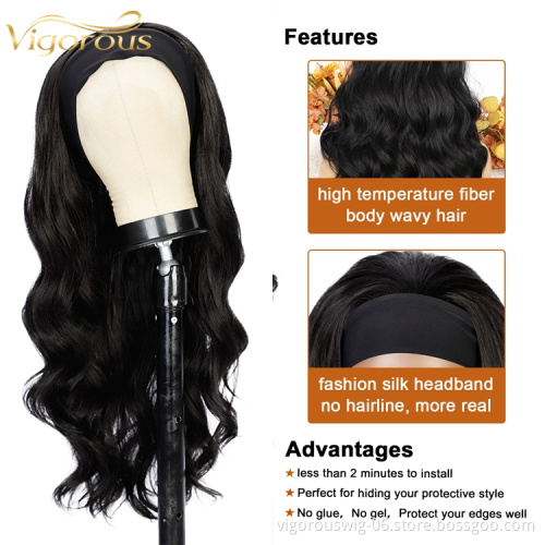 Cheap Price Body Wave Headband Wigs Long Black Glueless Wigs Women Synthetic Heat Resistant Wigs Velvet Headband Attached
